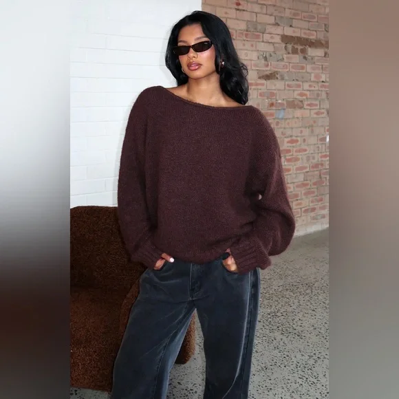 White Fox Boutique Softer Love Knit Sweater Chocolate S/M - Picture 6 of 11